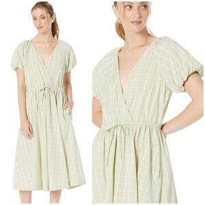 Madewell Plaid Tie-Waist Midi Dress puff sleeve In Faded Seagrass